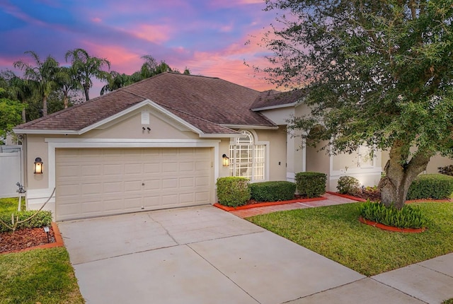 view of front of property featuring a garage and a lawn