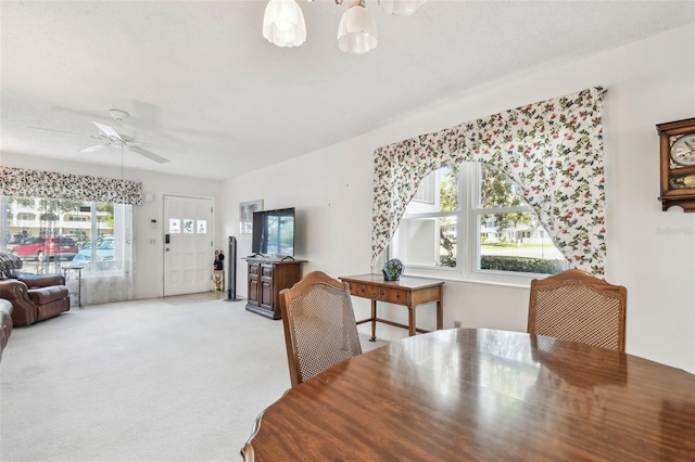 carpeted dining room with ceiling fan with notable chandelier