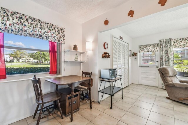 dining area with tile patterned flooring, a healthy amount of sunlight, and a textured ceiling