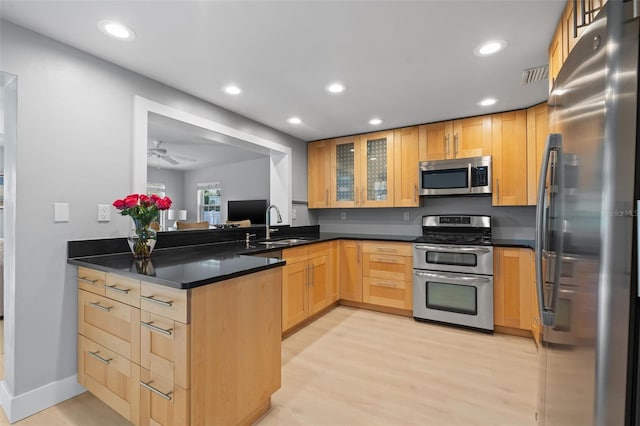 kitchen with appliances with stainless steel finishes, light hardwood / wood-style floors, kitchen peninsula, ceiling fan, and sink