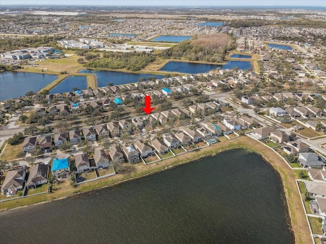 drone / aerial view featuring a water view