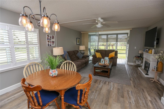 dining room with ceiling fan, wood-type flooring, and a textured ceiling