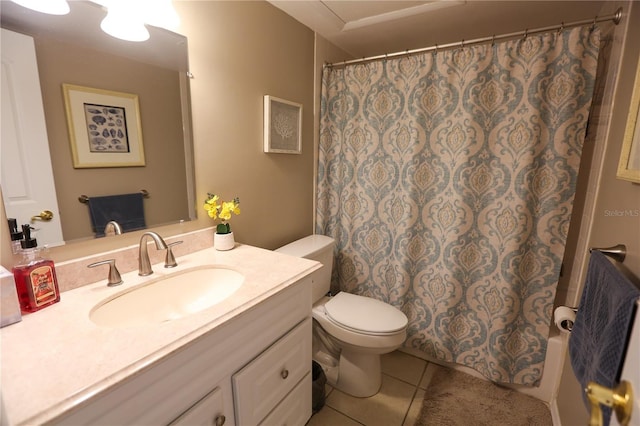 full bathroom with toilet, shower / bath combination with curtain, vanity, and tile patterned floors