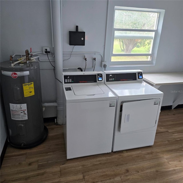 laundry area with independent washer and dryer, dark hardwood / wood-style floors, and water heater