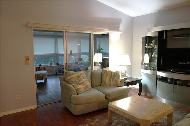 living room with dark hardwood / wood-style floors