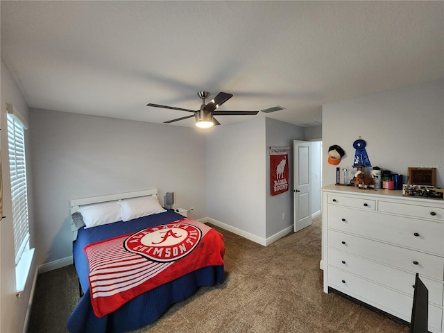 bedroom featuring ceiling fan and dark carpet