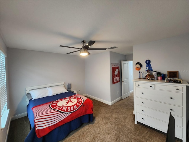 bedroom with ceiling fan and dark colored carpet