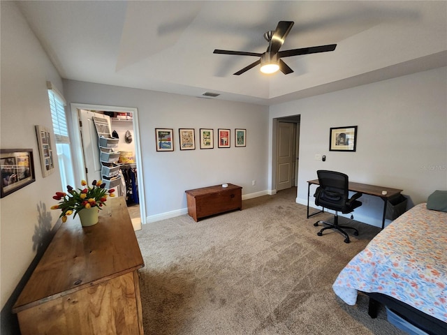 bedroom with a walk in closet, a closet, a raised ceiling, carpet flooring, and ceiling fan