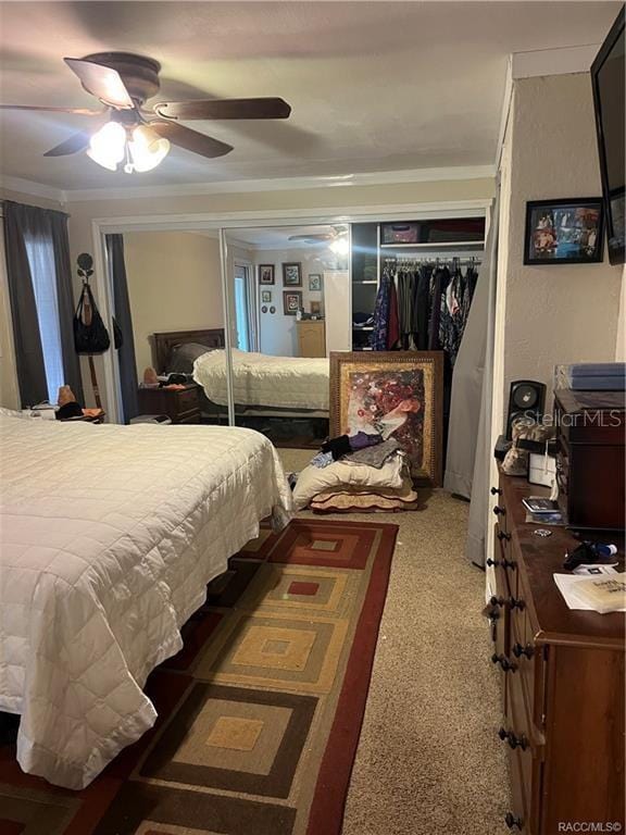 carpeted bedroom featuring a closet, ornamental molding, and ceiling fan