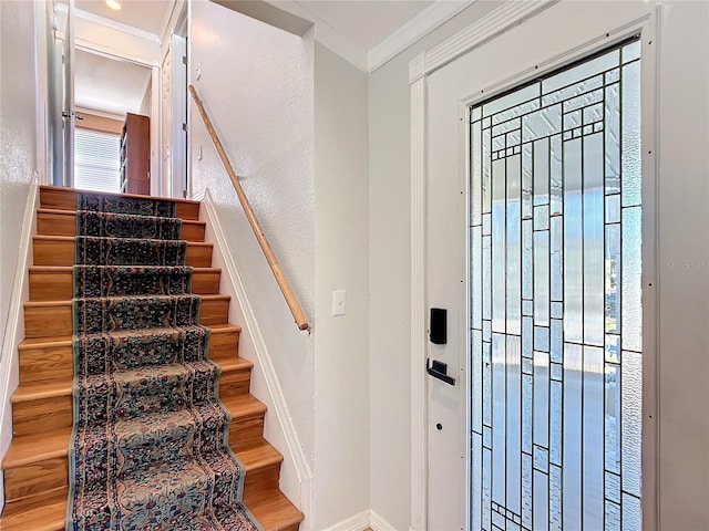 foyer entrance featuring wood-type flooring and ornamental molding