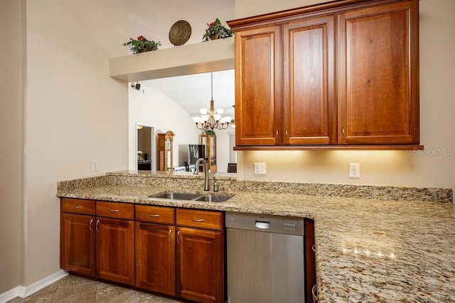 kitchen featuring light stone countertops, dishwasher, a chandelier, lofted ceiling, and sink