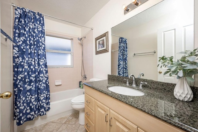 full bathroom featuring toilet, tile patterned flooring, shower / bathtub combination with curtain, and vanity