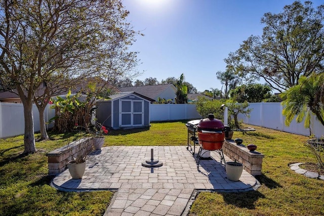 view of patio / terrace with a storage shed