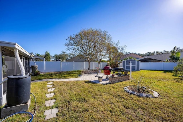 view of yard with a patio and a shed