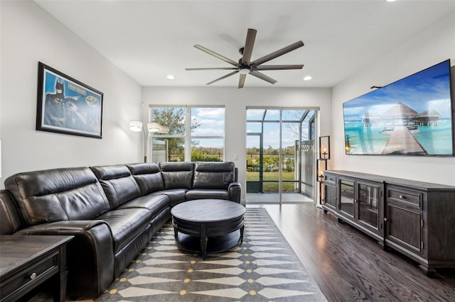 living room featuring ceiling fan and dark hardwood / wood-style floors