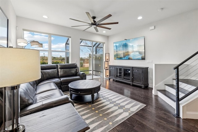 living room with ceiling fan and dark hardwood / wood-style flooring