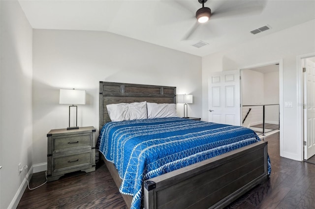 bedroom featuring lofted ceiling, ceiling fan, and dark wood-type flooring