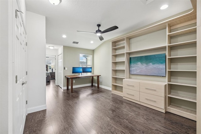 office space with ceiling fan and dark hardwood / wood-style floors