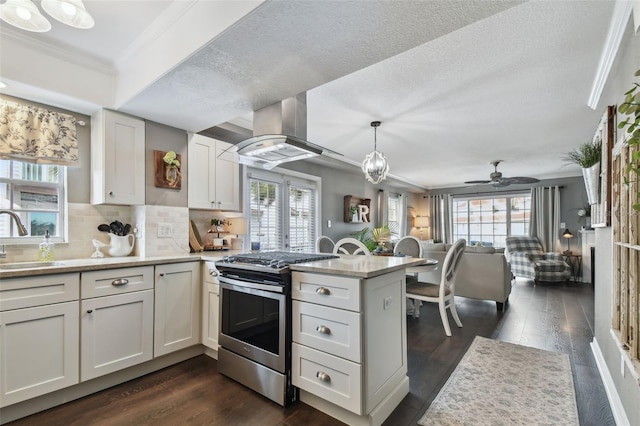 kitchen featuring crown molding, stainless steel stove, a textured ceiling, island range hood, and kitchen peninsula