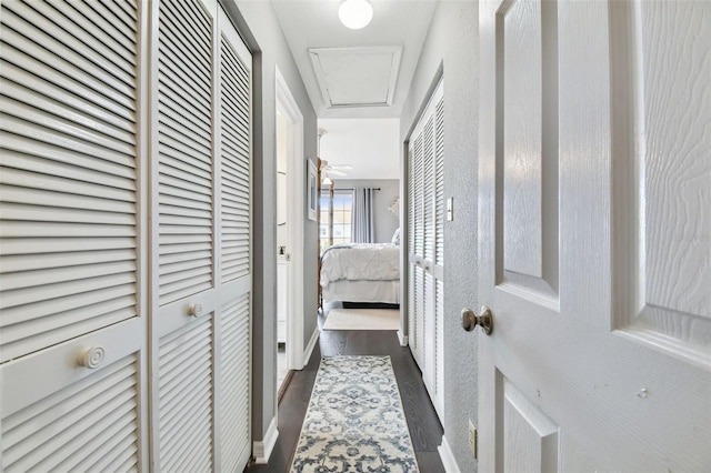 corridor with dark hardwood / wood-style flooring