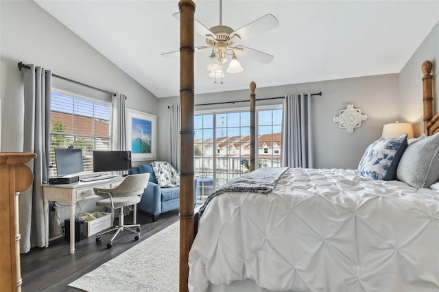 bedroom with multiple windows, dark hardwood / wood-style floors, vaulted ceiling, and ceiling fan