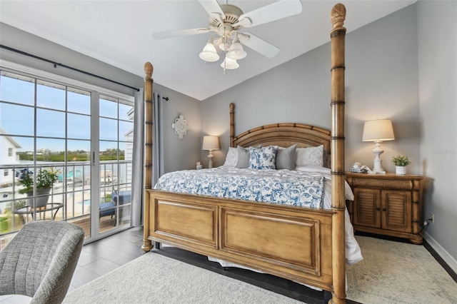 bedroom with ceiling fan, access to exterior, lofted ceiling, and light hardwood / wood-style flooring