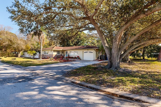 ranch-style house featuring a garage and a front lawn