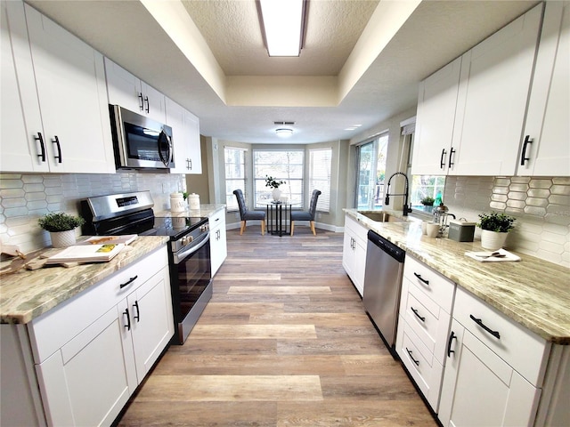 kitchen featuring a tray ceiling, stainless steel appliances, light wood-style floors, white cabinetry, and a sink