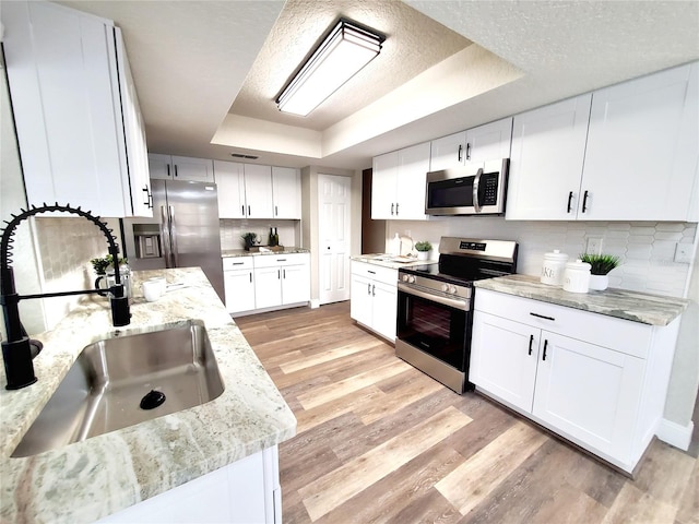 kitchen featuring decorative backsplash, appliances with stainless steel finishes, a tray ceiling, light wood-style floors, and a sink