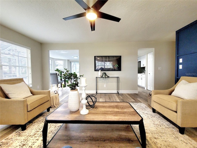 living room featuring a textured ceiling, light wood finished floors, and baseboards