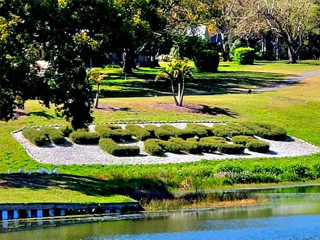 surrounding community with a lawn and a water view