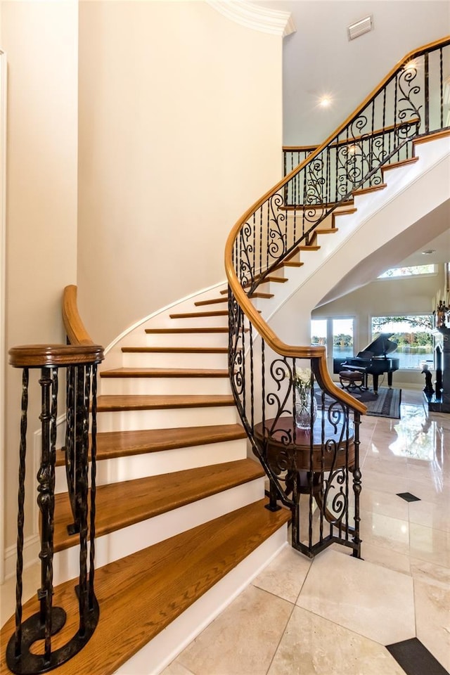 stairs with a high ceiling