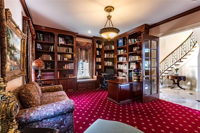 office area with carpet, ornamental molding, and french doors