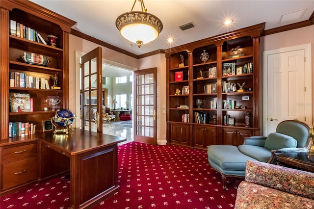 carpeted home office featuring french doors and crown molding