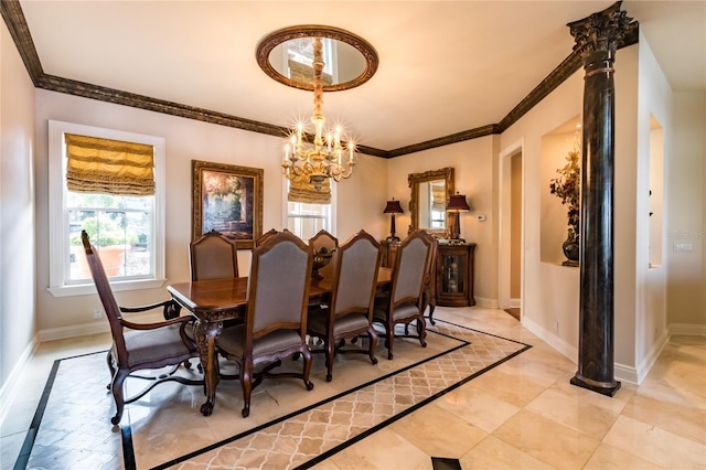 dining space with crown molding and a notable chandelier