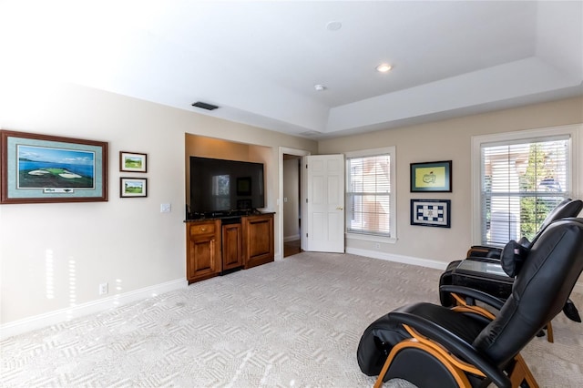 sitting room featuring a raised ceiling and light colored carpet