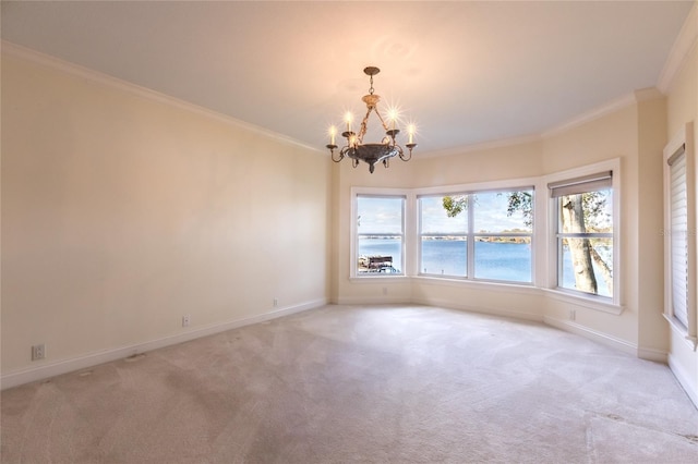 unfurnished room with a water view, light colored carpet, crown molding, and a notable chandelier