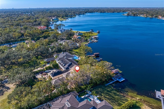 birds eye view of property featuring a water view