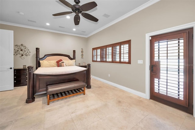 bedroom featuring ceiling fan and crown molding