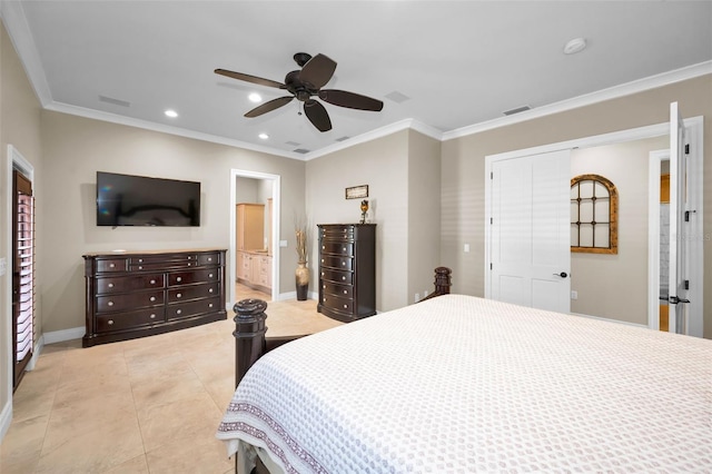 bedroom with ceiling fan, a closet, ornamental molding, and ensuite bath