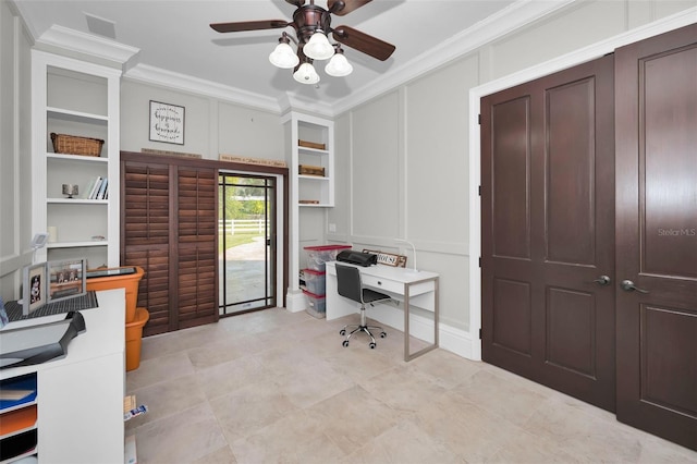 office featuring crown molding, built in features, and ceiling fan