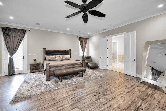 bedroom featuring multiple windows, ceiling fan, light hardwood / wood-style flooring, and crown molding