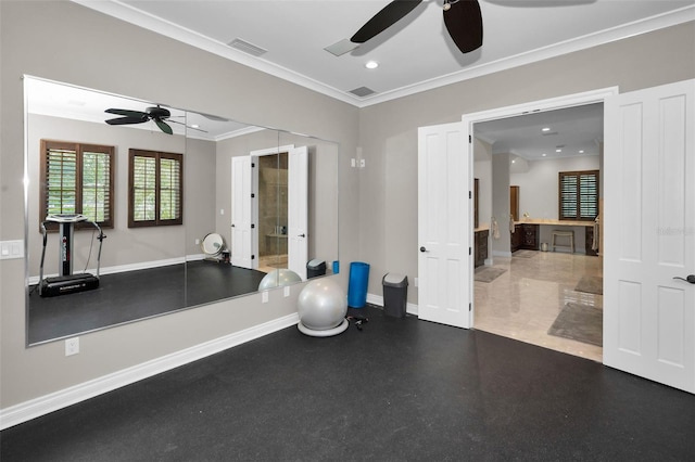 exercise area with ceiling fan, ornamental molding, and french doors