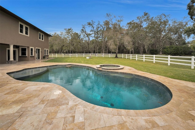 view of swimming pool with a lawn, a patio area, and an in ground hot tub