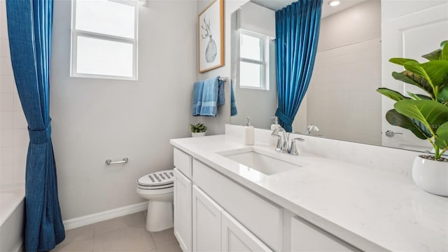 full bathroom featuring tile patterned flooring, vanity, toilet, and shower / tub combo with curtain