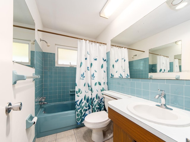 full bathroom with toilet, tasteful backsplash, shower / tub combo, vanity, and tile patterned flooring