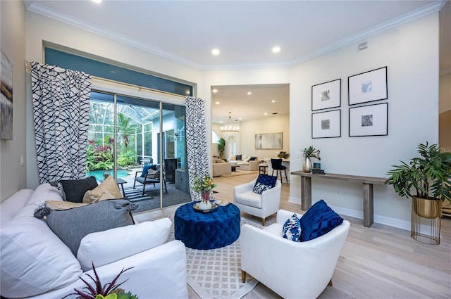 living room featuring wood-type flooring and ornamental molding