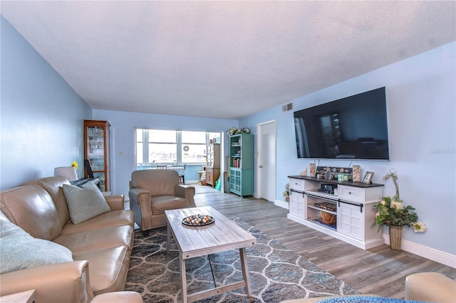 living room with a textured ceiling and hardwood / wood-style flooring