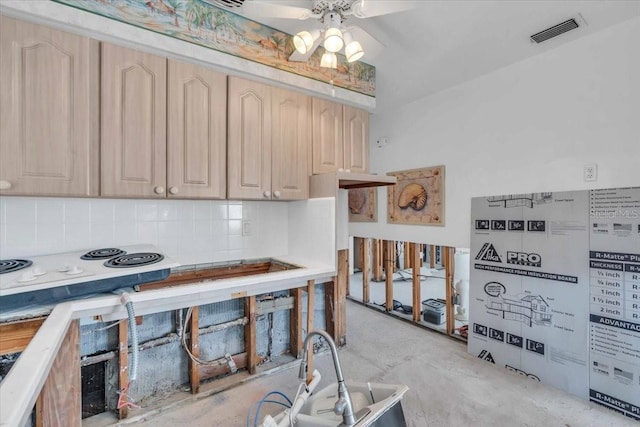 kitchen with visible vents, decorative backsplash, ceiling fan, light countertops, and light brown cabinetry