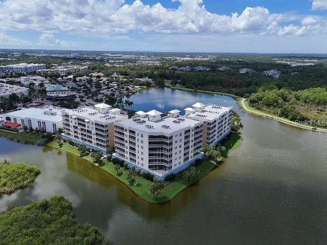 bird's eye view with a water view